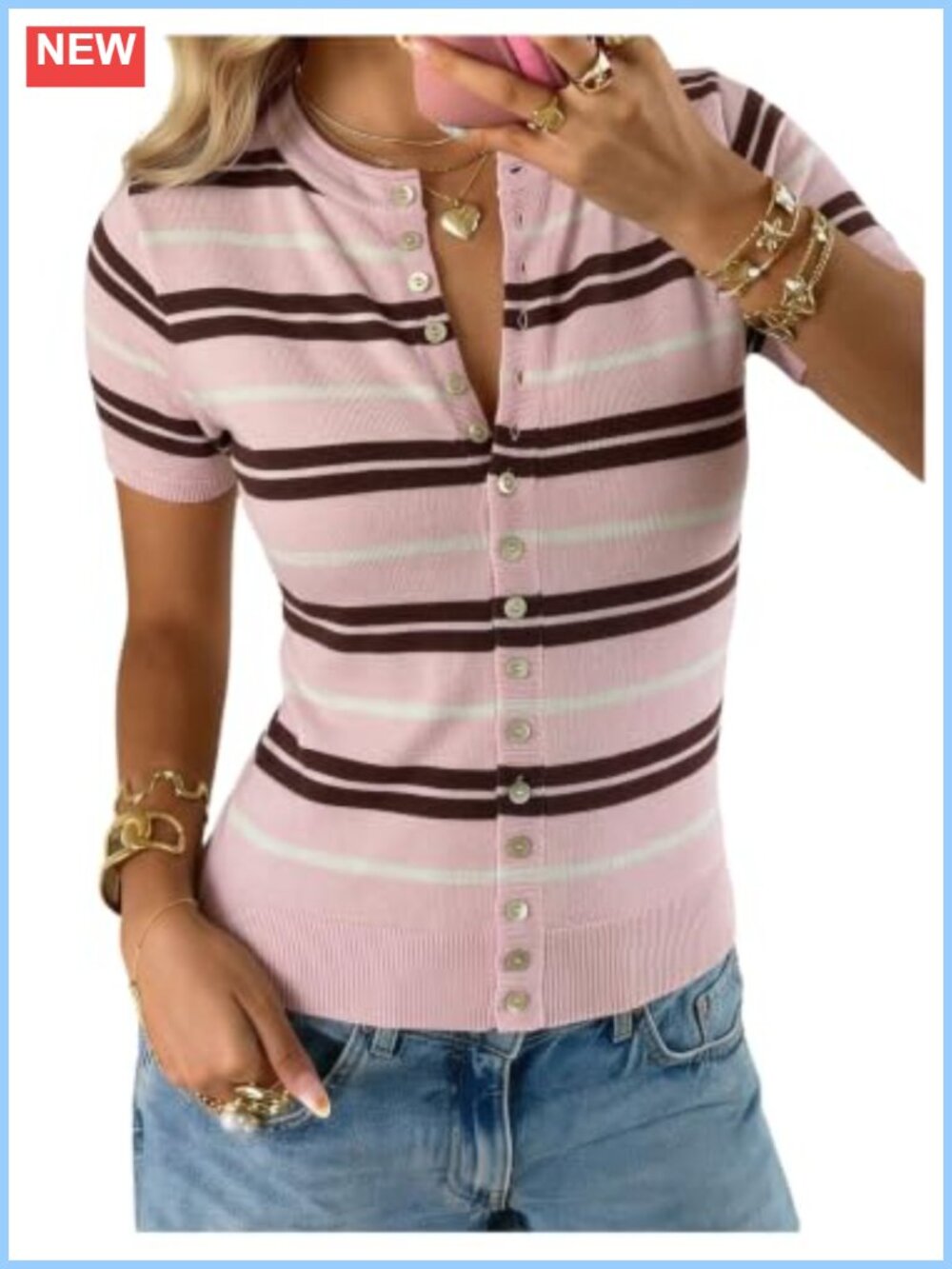 Women's Striped Rib Knit Sweater Vest Mock Neck Button Down Slim Fit
